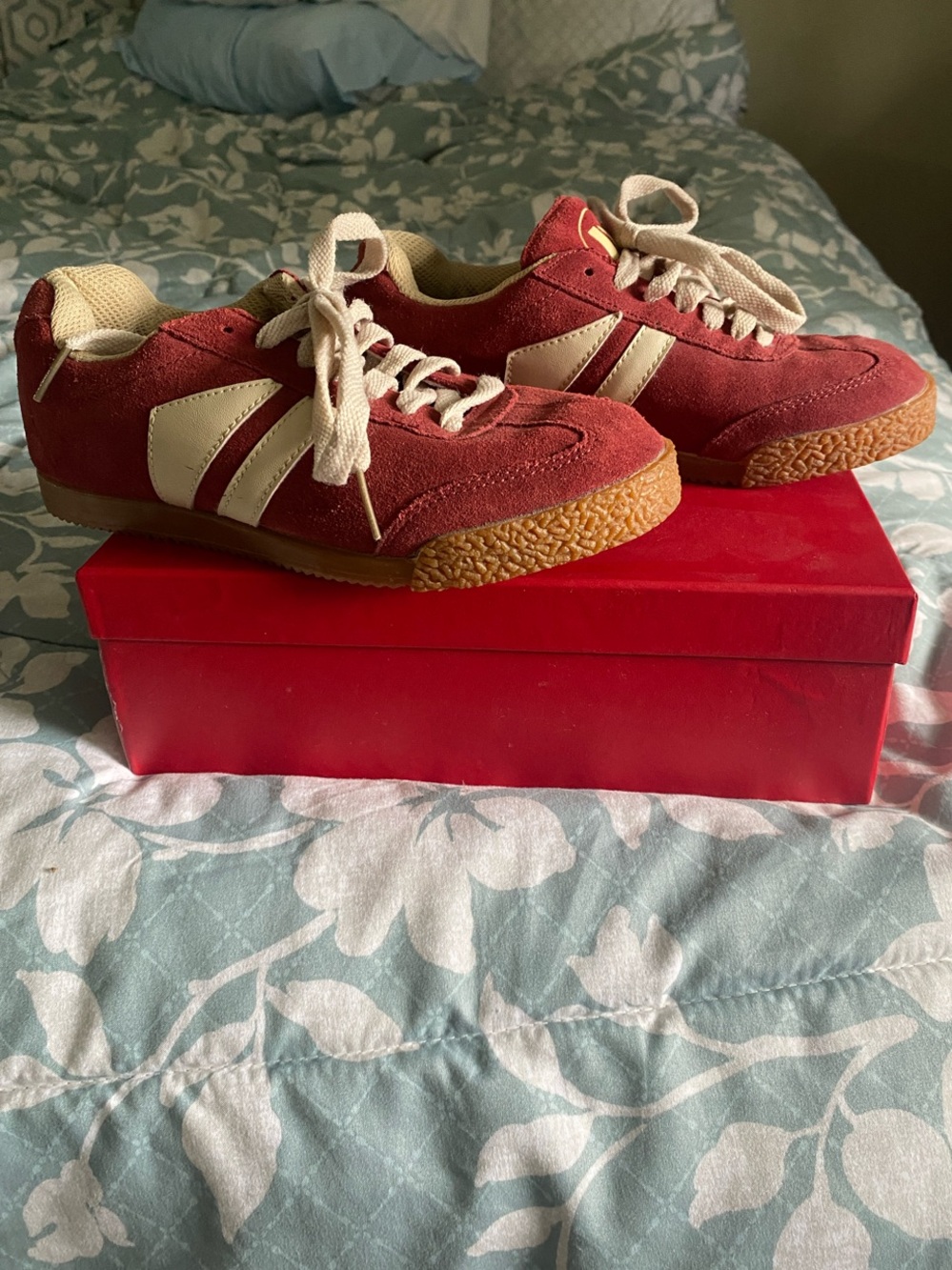 Women's Red Suede Lace-Up Sneakers with Cream Stripes